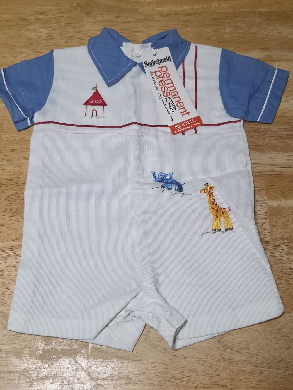 NWT Vintage Springmaid Blue White Baby Boy Romper Giraffe Elephant Embroidery
